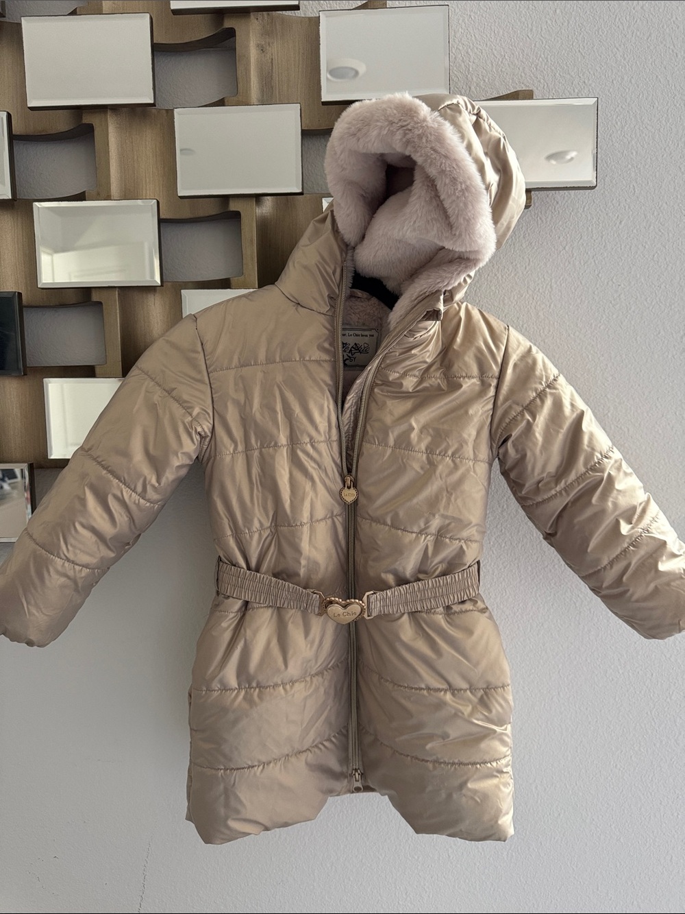 Girls' Hooded Tan Puffer Coat with Faux-Fur Trim